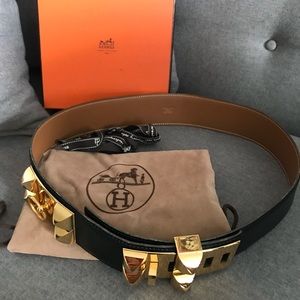 Hermes Black Belt with Gold Detailing